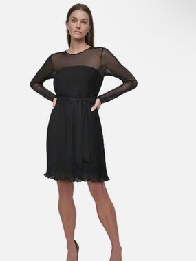 DKNY Jewel-Neck Belted A-Line Pleated Mesh Dress Sz 6 NWT Cocktail $148